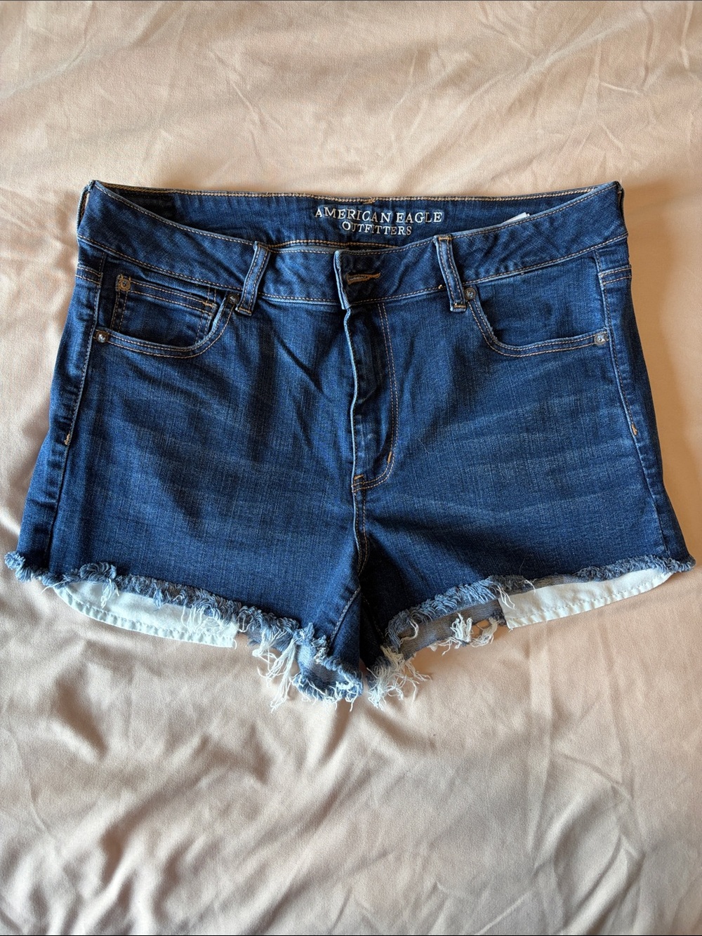 AEO Hi-Rise Shortie Dark Blue Frayed Denim Shorts